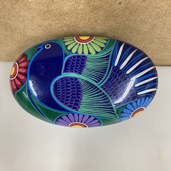 Mexican Folk Art Pottery Oval Trinket Box Hand Painted Blue Bird Flowers - Picture 1 of 10